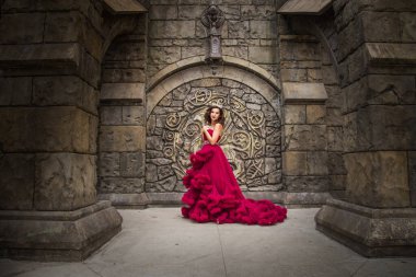 Güzel bir kadın, kırmızı lüks elbiseli bir kraliçe, orta çağ arkaplanında duruyor, kemerli bir Gotik amblem, kristalli gümüş karton. Kaledeki Prenses.
