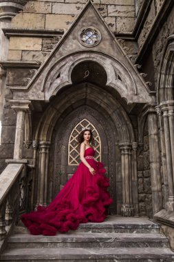 Güzel bir kadın, kırmızı elbiseli bir kraliçe, ortaçağdan kalma, merdivenlerde kemerli gümüş kartonlu, kristalli bir Gotik kapının arkasında duruyor. Kaledeki Prenses.