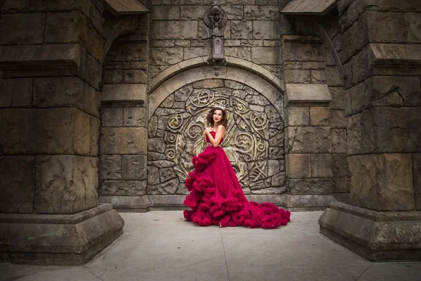 Uma Mulher Bonita Uma Rainha Vestido Luxuoso Vermelho Está Fundo — Fotografia de Stock