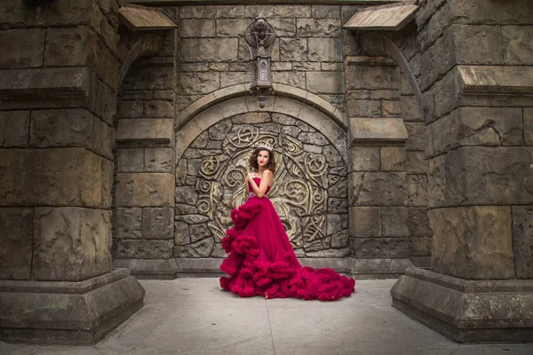 Uma Mulher Bonita Uma Rainha Vestido Luxuoso Vermelho Está Fundo — Fotografia de Stock