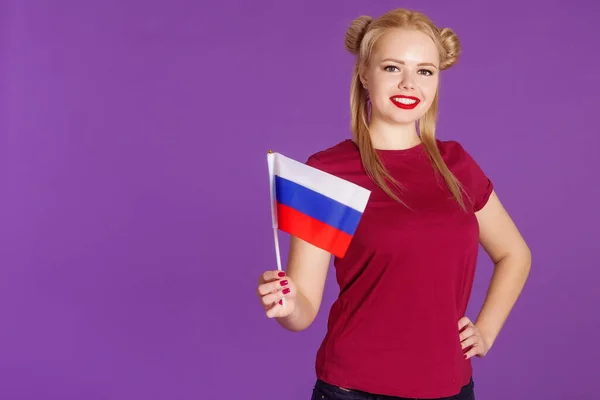 Beautiful Blonde Woman Holding Flag Russia Her Hands Purple Background — Stock Photo, Image