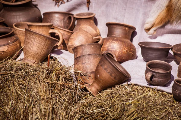 Clay Baked Pottery Hay Natural Cloth Cotton Linen Fur Hayloft — Stock Photo, Image