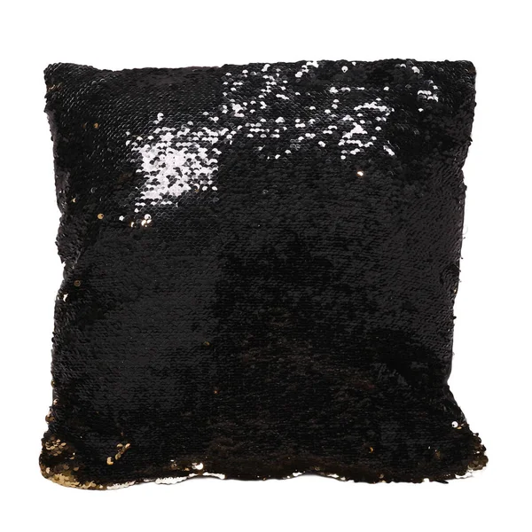Zwart Kussen Van Pailletten Tweezijdig Een Witte Achtergrond Isoleren Stijlvol — Stockfoto