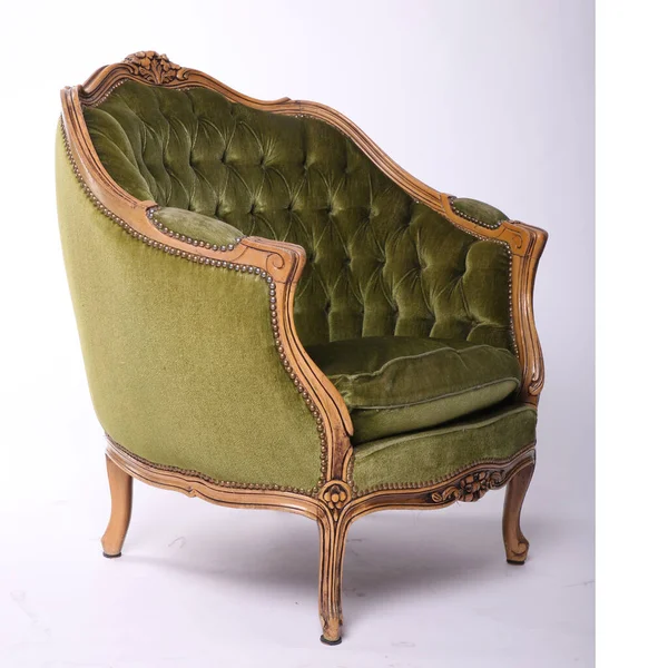 Luxueux Fauteuil Vert Antique Sur Fond Blanc Isolé Vieux Meubles — Photo