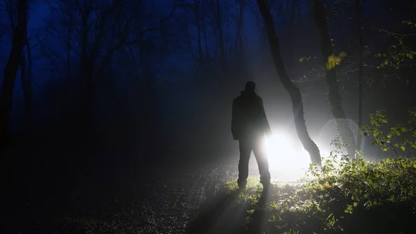 Um homem com costas para a câmera, olhando para uma luz brilhante em uma estrada através de uma floresta. Numa noite assustadora e sinistra de invernos nebulosos . — Fotografia de Stock