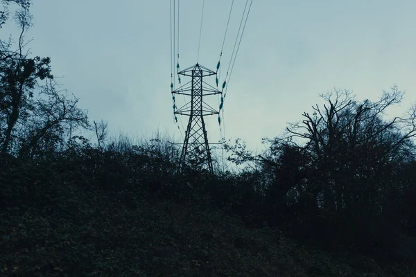 Karanlık, ürkütücü, karamsar bir kurgu. İngiliz kırsalında bir kış akşamında enerji elektrik direğine bakıyorum.. — Stok fotoğraf