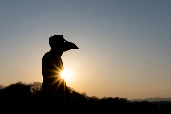 Eine Vermummte Gestalt Mit Einer Pest Arztmaske Silhouette Bei Sonnenuntergang — Stockfoto