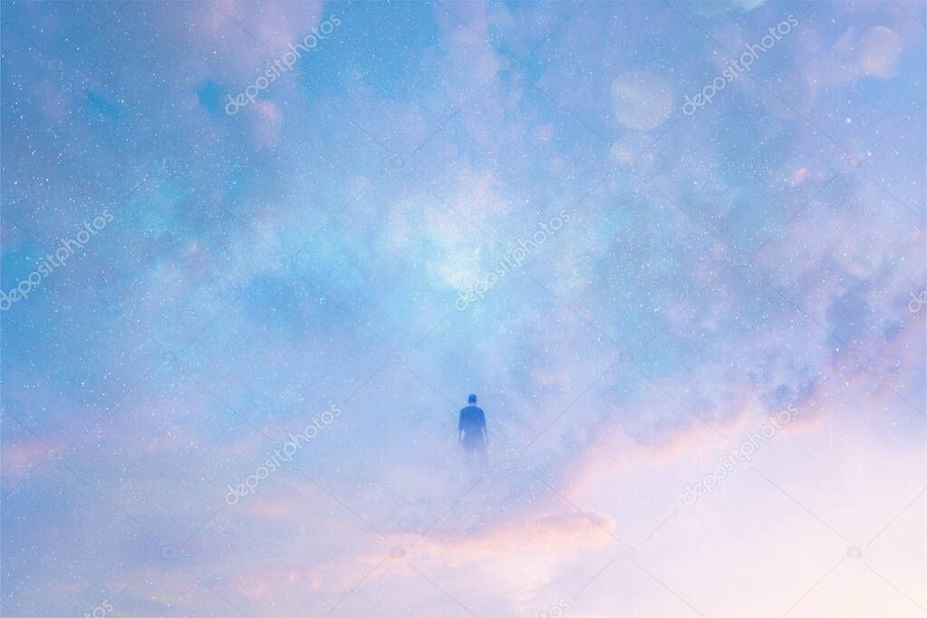 A double exposure of a man floating in the clouds and stars. With an abstract, experimental dream like edit.