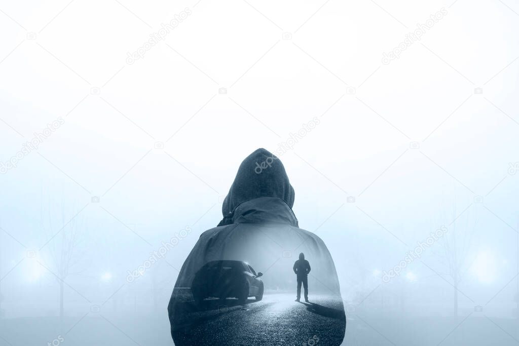 A double exposure of a moody, hooded figure with a man standing next to a car on a foggy night, over layered on top.