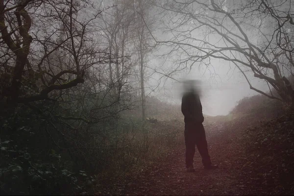 霧深い冬の日に森の中に立っているぼやけた頭を持つムーディーな姿 ミュートされたテクスチャのヴィンテージ編集で — ストック写真