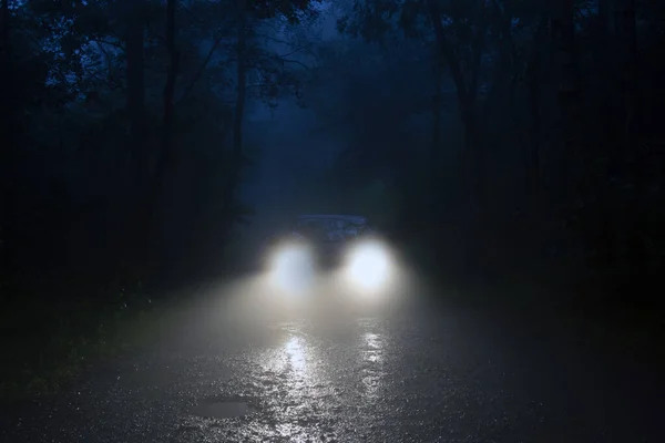 Uma Estrada Floresta Assustadora Com Faróis Carro Brilhando Através Nevoeiro — Fotografia de Stock