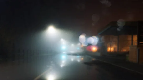 Flooded Road Street Lights Misty Winters Night Blurred Bokeh Out — Stock Photo, Image