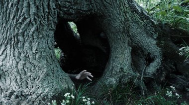  Korkunç bir hayalet el kavramı eski bir ağaçtaki delikten çıkıyor. 