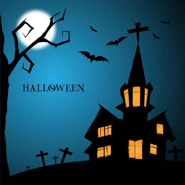 Tarjeta de felicitación nocturna de Halloween con castillo, murciélagos, árbol y tumba — Vector de stock