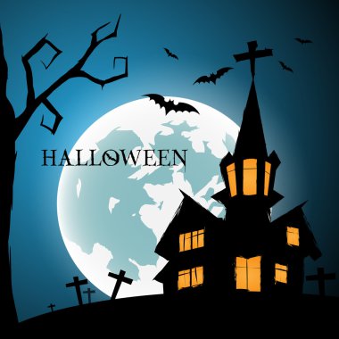 Halloween geceler tebrik kartı ile kale, yarasa, ağaç ve mavi arka plan ile mezar