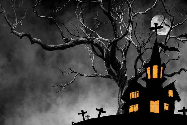 Halloween geceler tebrik kartı ile kale, yarasa, ağaç ve mezar sis ile arka plan duman