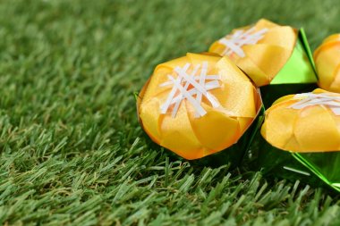 Kurdele ile katlama sikke Toddy palm kek (Khanom tan) koordinasyon töreni Budizm için yeşil çimenlerin üzerinde şeklinde / Khanom Tan popüler bir Tay tatlı.