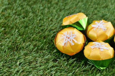 Kurdele ile katlama sikke Toddy palm kek (Khanom tan) koordinasyon töreni Budizm için yeşil çimenlerin üzerinde şeklinde / Khanom Tan popüler bir Tay tatlı.