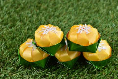 Kurdele ile katlama sikke Toddy palm kek (Khanom tan) koordinasyon töreni Budizm için yeşil çimenlerin üzerinde şeklinde / Khanom Tan popüler bir Tay tatlı.