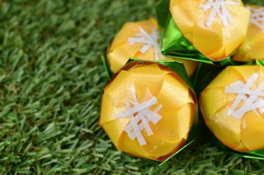 Kurdele ile katlama sikke Toddy palm kek (Khanom tan) koordinasyon töreni Budizm için yeşil çimenlerin üzerinde şeklinde / Khanom Tan popüler bir Tay tatlı.