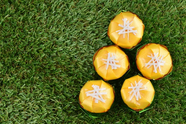 Kurdele ile katlama sikke Toddy palm kek (Khanom tan) koordinasyon töreni Budizm için yeşil çimenlerin üzerinde şeklinde / Khanom Tan popüler bir Tay tatlı.