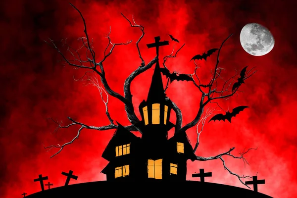 Halloween Night Greeting Card With Castle, Bats, tree and grave with red fog smoke Background — Stock Photo, Image