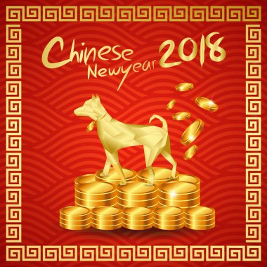 Mutlu Çin yeni yıl 2018 milyoner köpek ile stand Çin altın sikke yığını köpek üzerinde /Year 