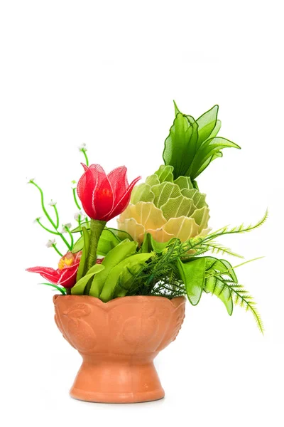 Konstgjorda Blommor Vas Vit Bakgrund — Stockfoto