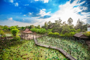 Kulübe Mavi gökyüzü ile Orta Lotus Gölü 'nde kalır.