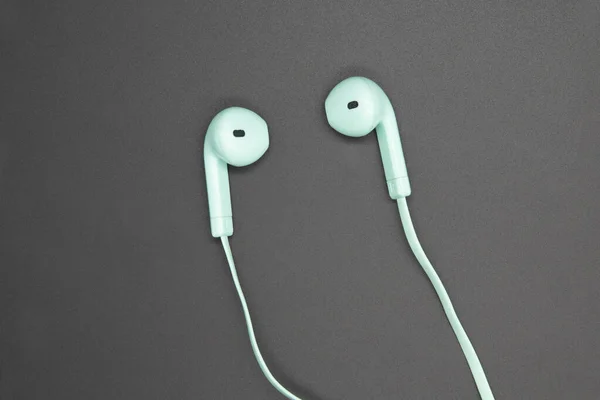Hermosos auriculares azules para teléfonos inteligentes, tabletas, reproductores de música y un ordenador con auriculares . — Foto de Stock