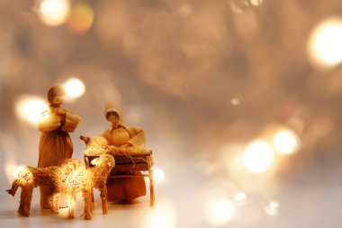 Bebek Jesus Christmas kartı rustik arka plan ve boş yer