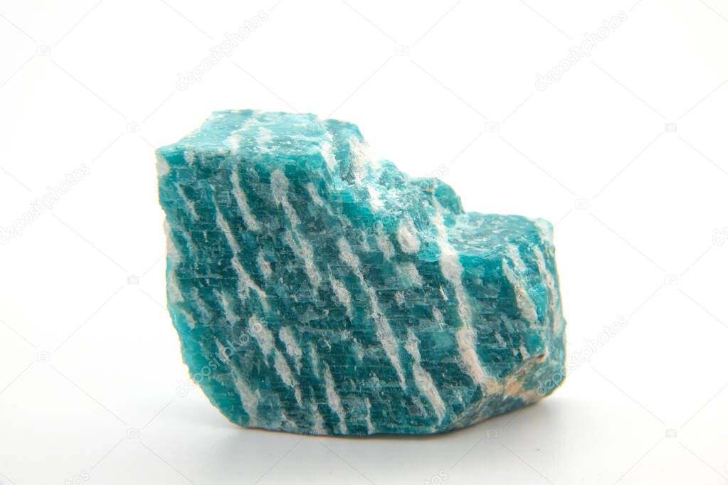 macro shooting of collection natural rock - amazonite green microcline feldspar mineral stone isolated on white background
