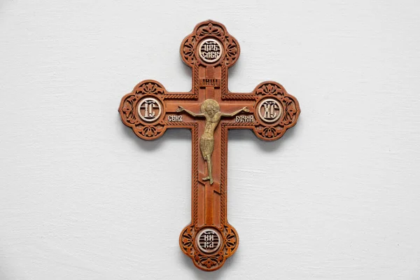 Jesuskreuz Auf Dem Kreuz Mit Steinernem Hintergrund Symbol Der Christlichen — Stockfoto