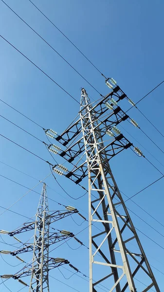 High Voltage Cables Blue Sky Background — Stok fotoğraf