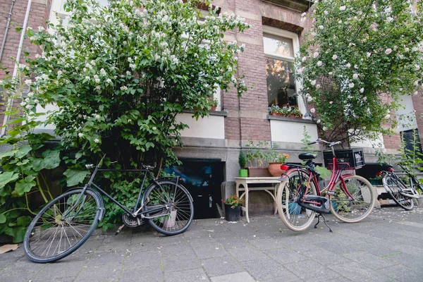 AMSTERDAM - CIRCA JUIN 2017 : vue sur les façades et la rue d'un bâtiment hollandais traditionnel dans le centre d'Amsterdam, aux Pays-Bas, en juin 2017 . — Photo