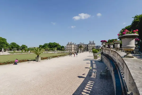 Paris, Fransa - Haziran 2017 yaklaşık: yeşil ağaçlar ve Paris, Fransa'da güneşli bir Haziran 2017 yılında Lüksemburg Lüksemburg Bahçesi sarayda yakınındaki çimen.
