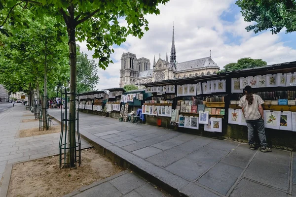 PARIS, FRANCE - CIRCA JUIN 2017 : les vendeurs vendent des photos dans la rue et la cathédrale Notre-Dame de Paris en arrière-plan à Paris par une journée ensoleillée, France en juin 2017 . — Photo