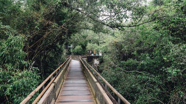IGUAZU FALLS, ARGENTINA - CIRCA SEPTEMBER 2019: pedestrian bridges and paths in Iguazu Falls national park with tropical nature and jungles on Argentinian side.