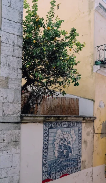 ポルトガルのリスボン 2020年3月15日 晴れた日にリスボンの中心部にある歴史的な旧市街の青いツツジのタイルとレモンの木と空の狭い通り — ストック写真
