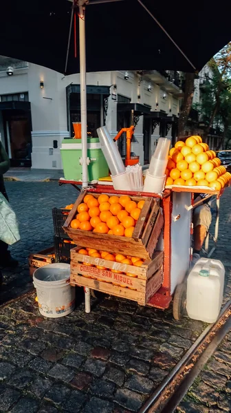 ブエノスアイレス アルゼンチン Circa 10月2019 日曜日のフェアでオレンジジュースのパーラーとブエノス アイレスの中心部にあるサンテルモ旧歴史地区の市場 — ストック写真
