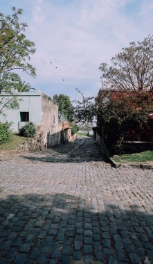 COLONIA DEL SACRAMENTO, URUGUAY - 9 Ekim 2019: Güneşli bir günde Colonia del Sacramento 'da beyaz boya duvarları olan geleneksel eski binaların bulunduğu kaldırım taşı caddesi.