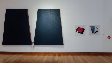 CORDOBA, ARGENTINA - CIRCA ECTOBER 2019: Cordoba 'nın tarihi merkezindeki Evita Güzel Sanatlar Müzesi' nde sanat eserleriyle klasik iç mekan.