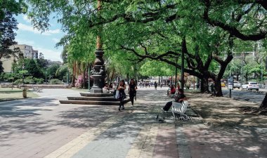 CORDOBA, ARGENTINA - CIRCA ECTOBER 2019: Güneşli bir günde Cordoba Plaza Coln 'da büyük yeşil ağaçlarla park.