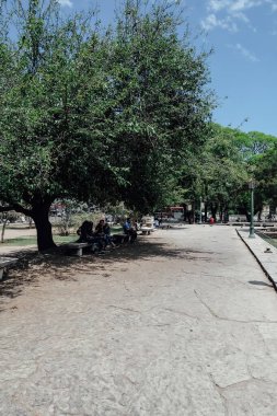 CORDOBA, ARGENTINA - CIRCA ECTOBER 2019: Güneşli bir günde Cordoba Plaza Coln 'da büyük yeşil ağaçlarla park.