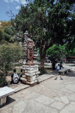 CORDOBA, ARGENTINA - CIRCA ECTOBER 2019: Güneşli bir günde Cordoba Plaza Coln 'da büyük yeşil ağaçlarla park.