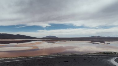 ALTIPLANO, BOLIVIA - CIRCA NOVEMBER 2019: Laguna Colorada 'nın (Red Lagoon) kıyıdan gelen flamingolarla manzarası.