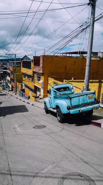 Bogota Colombia Circa November 2019 Bright Blue Old Truck Houses — Stock Photo, Image