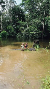 LETİKYA, AMAZONAS, COLOMBIA - CRCA Aralık 2019: Küçük çocuklar ormanlarda yaşayan Amazon topluluğunun bölgesinde nehir havuzunda yüzüyorlar..