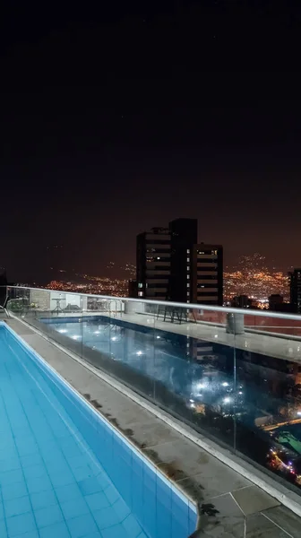 Medellin Colombia Circa January 2020 Blue Pool Top Skyscraper Aerial — 图库照片