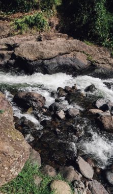 JARDIN, COLOMBIA - CIRCA JANUARY 2020: Antioquia 'daki küçük Jardin kasabası yakınlarındaki taş ve kayalarla Charco corazon hızlı nehri.